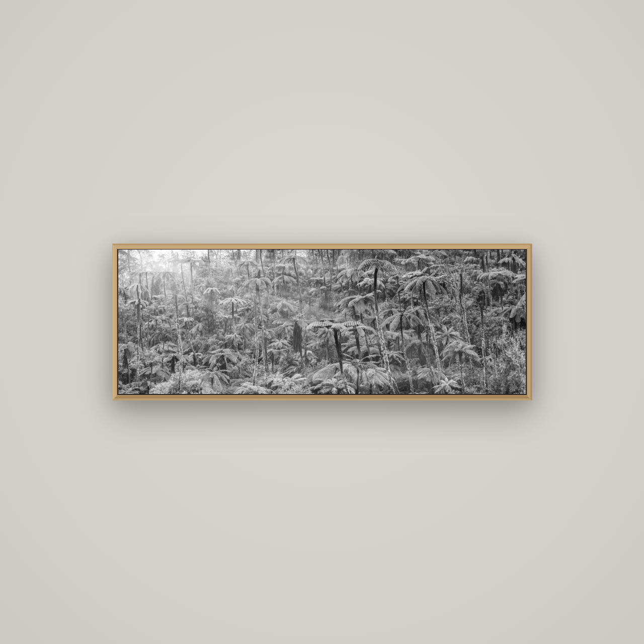 Enchanted Reverie, Tall Ferns' Embrace, Basel Natural Oak, 113×40 cm. New Zealand fine art wall art by Stephen Milner.