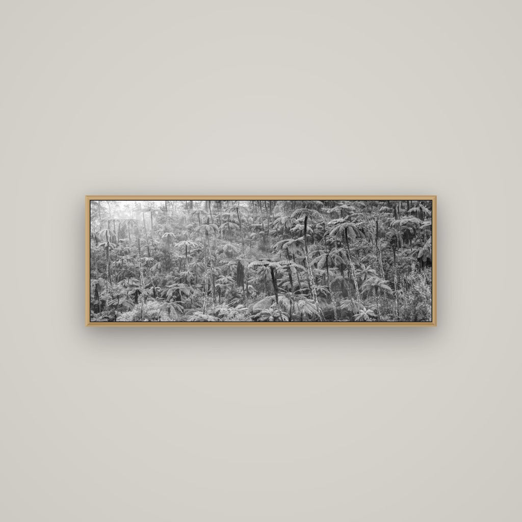 Enchanted Reverie, Tall Ferns' Embrace, Basel Natural Oak, 113×40 cm. New Zealand fine art wall art by Stephen Milner.