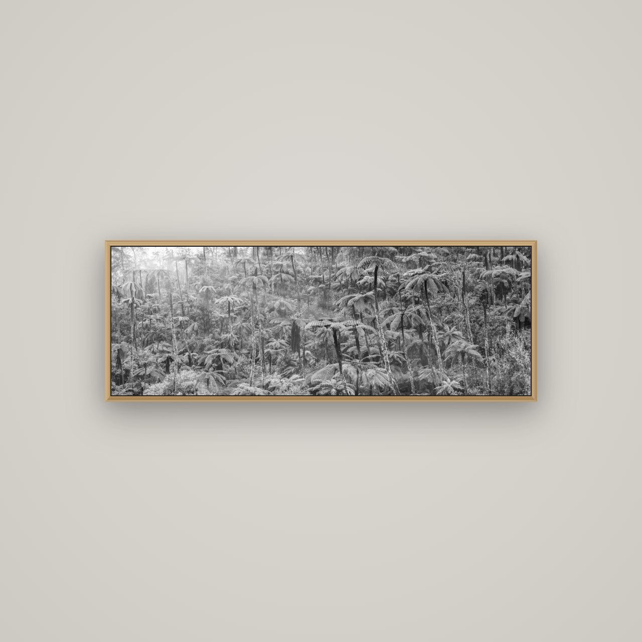 Enchanted Reverie, Tall Ferns' Embrace, Basel Natural Oak, 113×40 cm. New Zealand fine art wall art by Stephen Milner.