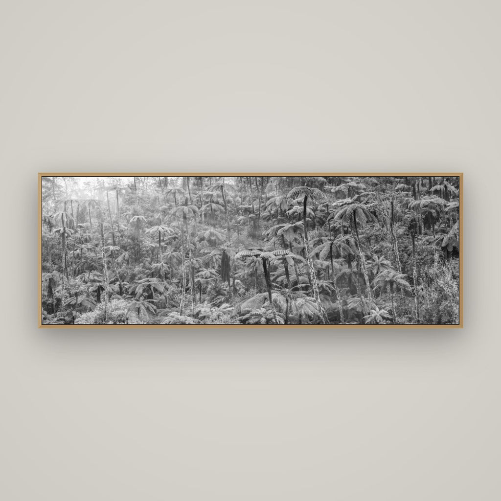 Enchanted Reverie, Tall Ferns' Embrace, Basel Natural Oak, 170×60 cm. New Zealand fine art wall art by Stephen Milner.