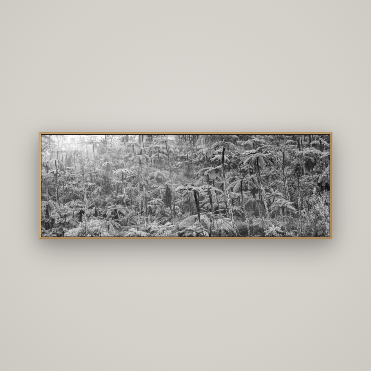 Enchanted Reverie, Tall Ferns' Embrace, Basel Natural Oak, 170×60 cm. New Zealand fine art wall art by Stephen Milner.