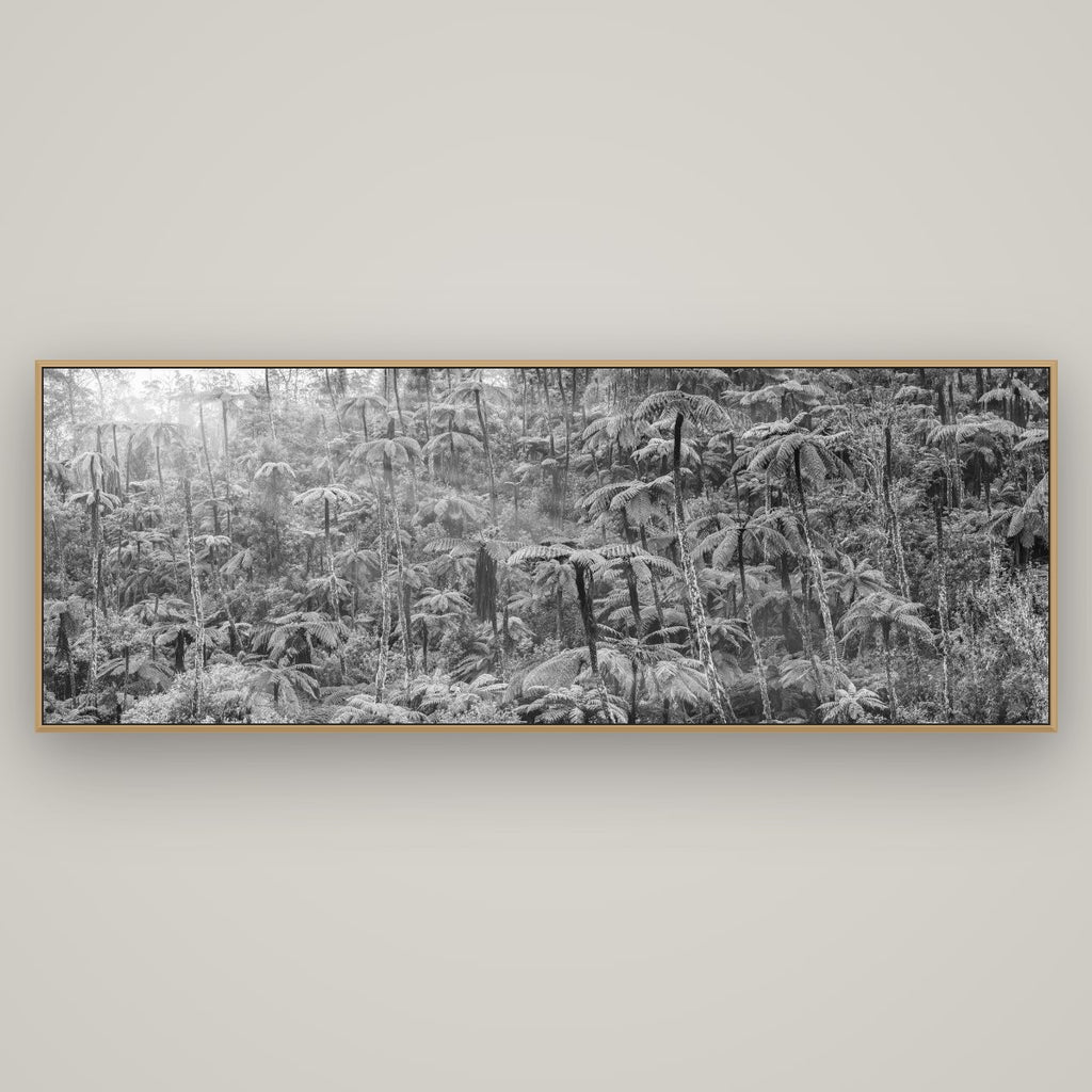 Enchanted Reverie, Tall Ferns' Embrace, Basel Natural Oak, 198×70 cm. New Zealand fine art wall art by Stephen Milner.