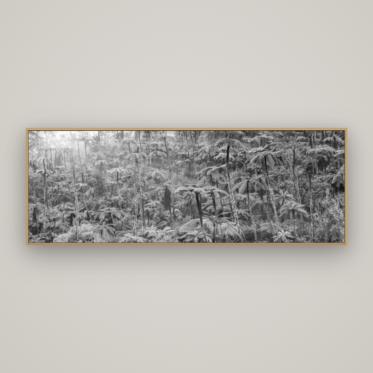Enchanted Reverie, Tall Ferns' Embrace, Basel Natural Oak, 198×70 cm. New Zealand fine art wall art by Stephen Milner.