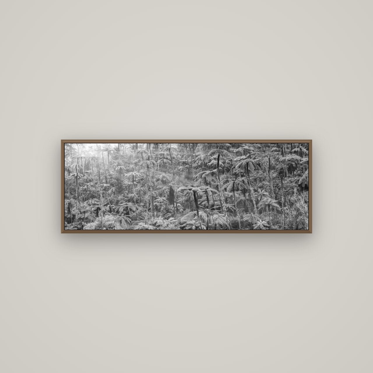 Enchanted Reverie, Tall Ferns' Embrace, Basel Walnut, 113×40 cm. New Zealand fine art wall art by Stephen Milner.