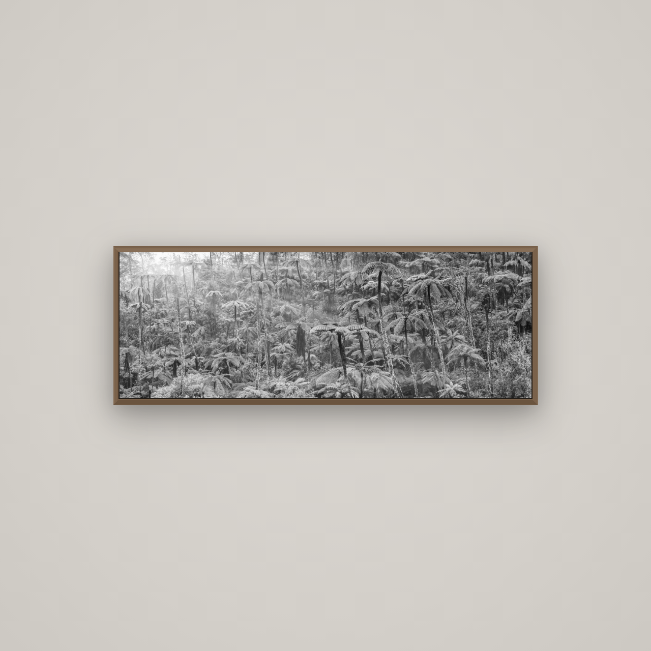 Enchanted Reverie, Tall Ferns' Embrace, Basel Walnut, 113×40 cm. New Zealand fine art wall art by Stephen Milner.