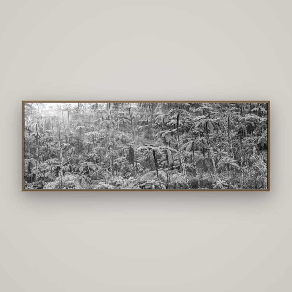 Enchanted Reverie, Tall Ferns' Embrace, Basel Walnut, 170×60 cm. New Zealand fine art wall art by Stephen Milner.