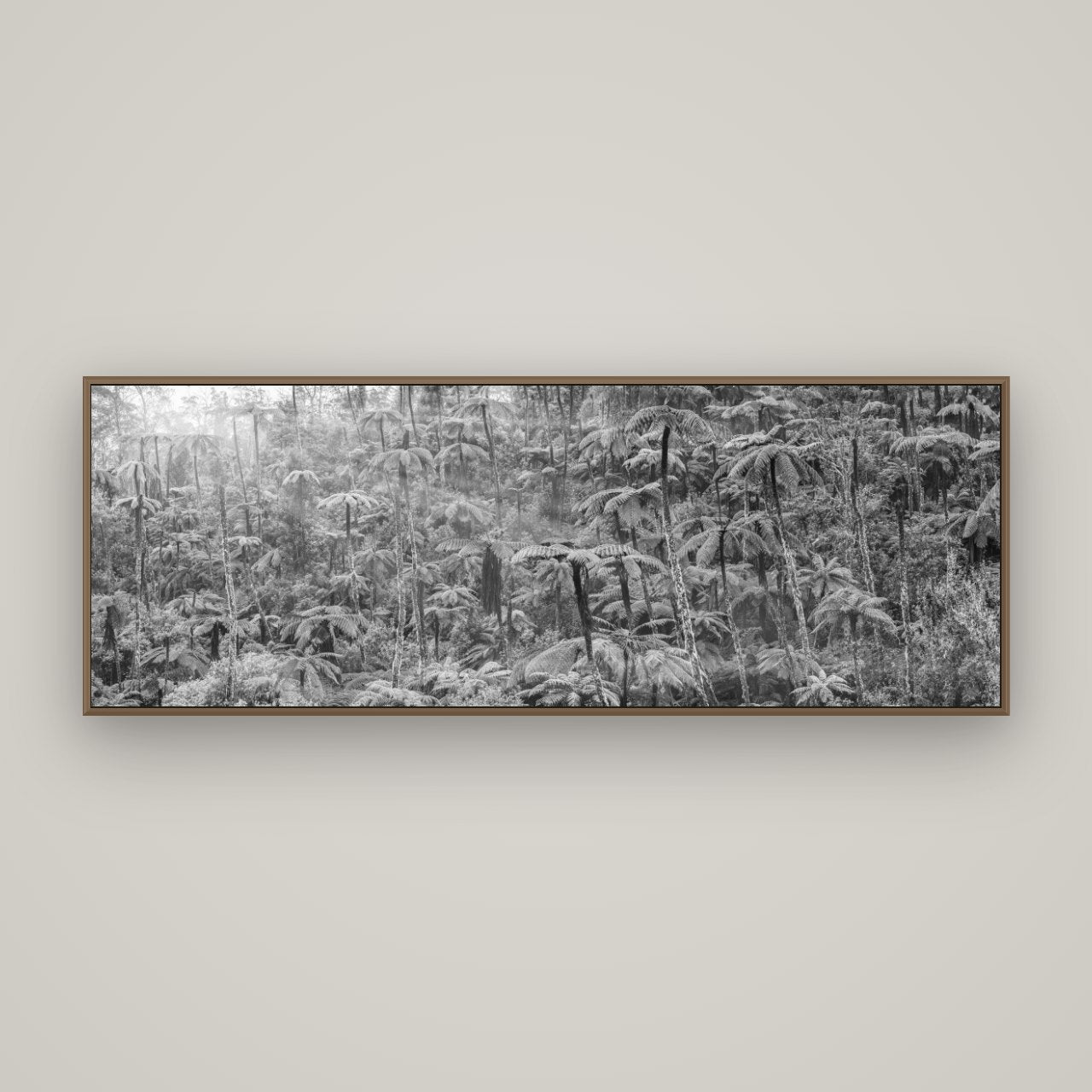 Enchanted Reverie, Tall Ferns' Embrace, Basel Walnut, 170×60 cm. New Zealand fine art wall art by Stephen Milner.