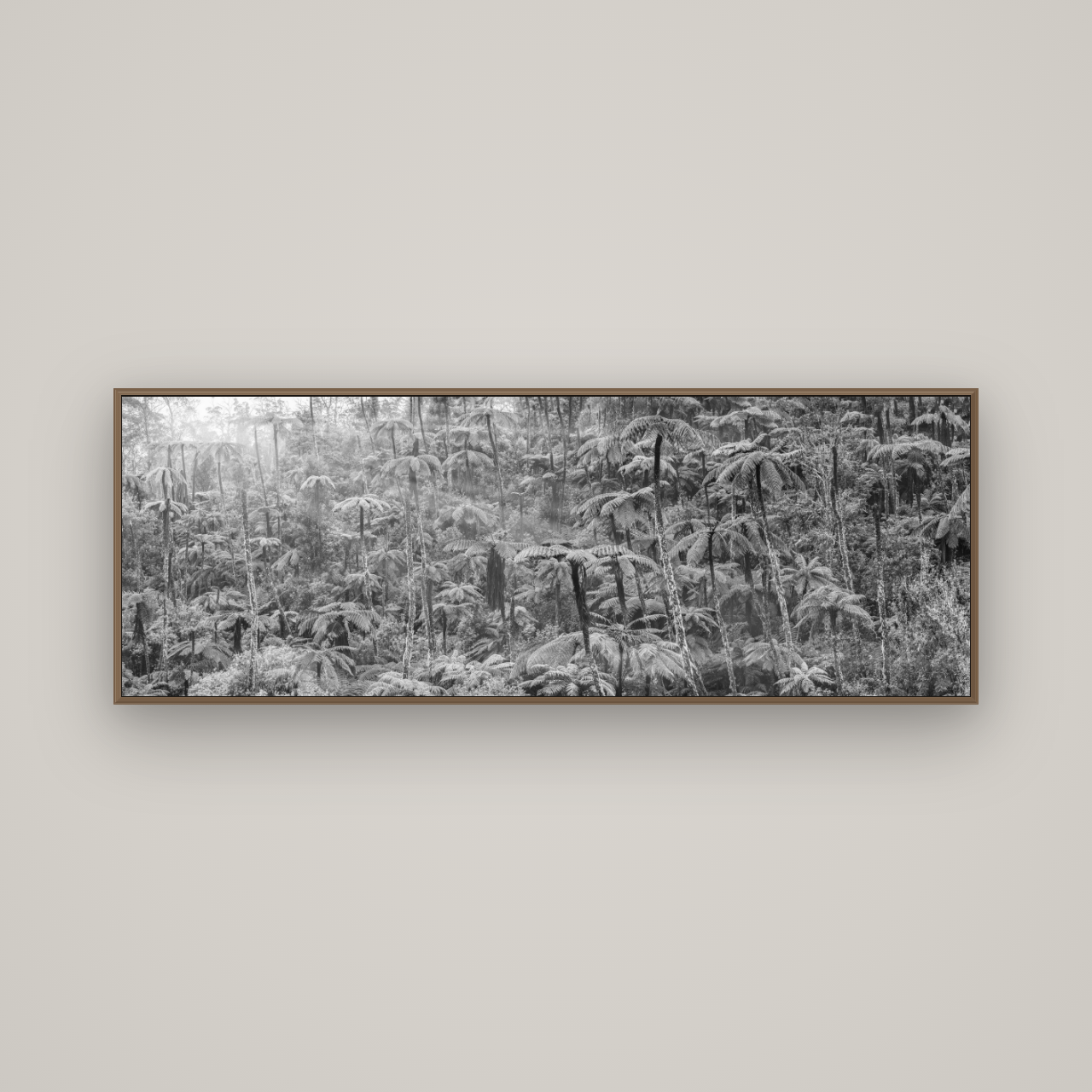 Enchanted Reverie, Tall Ferns' Embrace, Basel Walnut, 170×60 cm. New Zealand fine art wall art by Stephen Milner.