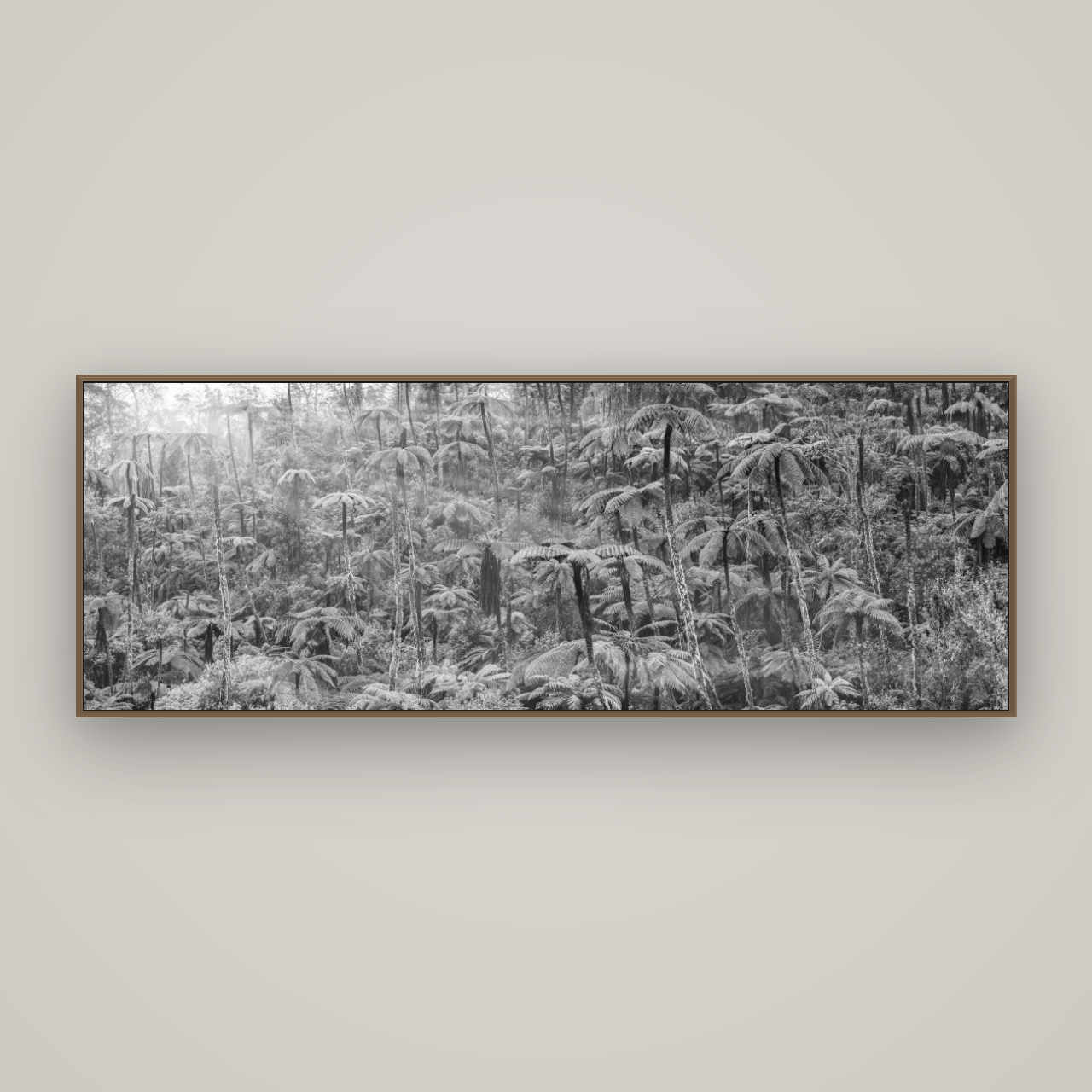Enchanted Reverie, Tall Ferns' Embrace, Basel Walnut, 198×70 cm. New Zealand fine art wall art by Stephen Milner.