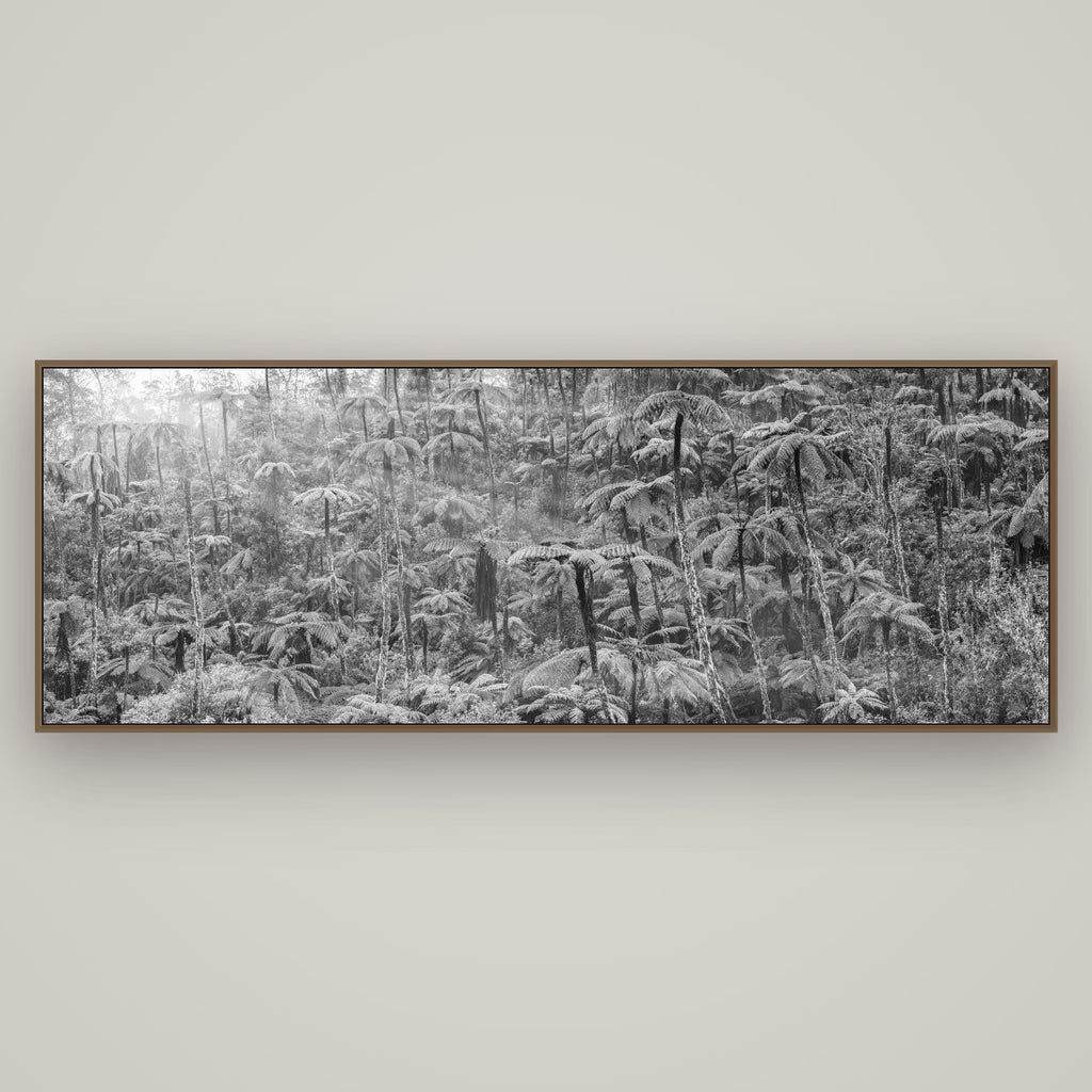 Enchanted Reverie, Tall Ferns' Embrace, Basel Walnut, 198×70 cm. New Zealand fine art wall art by Stephen Milner.