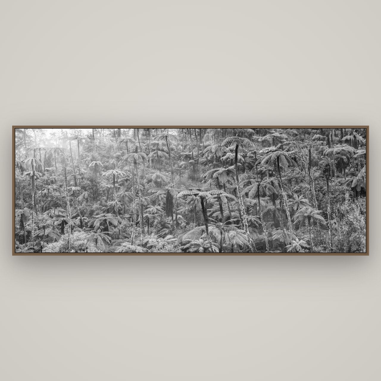 Enchanted Reverie, Tall Ferns' Embrace, Basel Walnut, 198×70 cm. New Zealand fine art wall art by Stephen Milner.