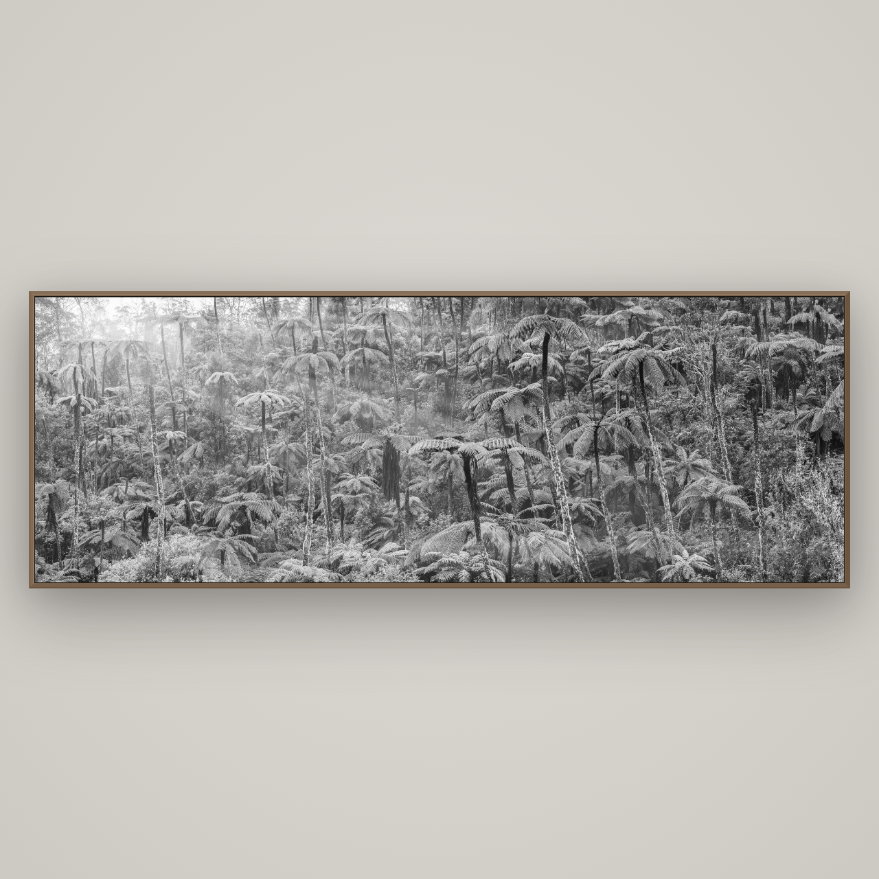 Enchanted Reverie, Tall Ferns' Embrace, Basel Walnut, 227×80 cm. New Zealand fine art wall art by Stephen Milner.