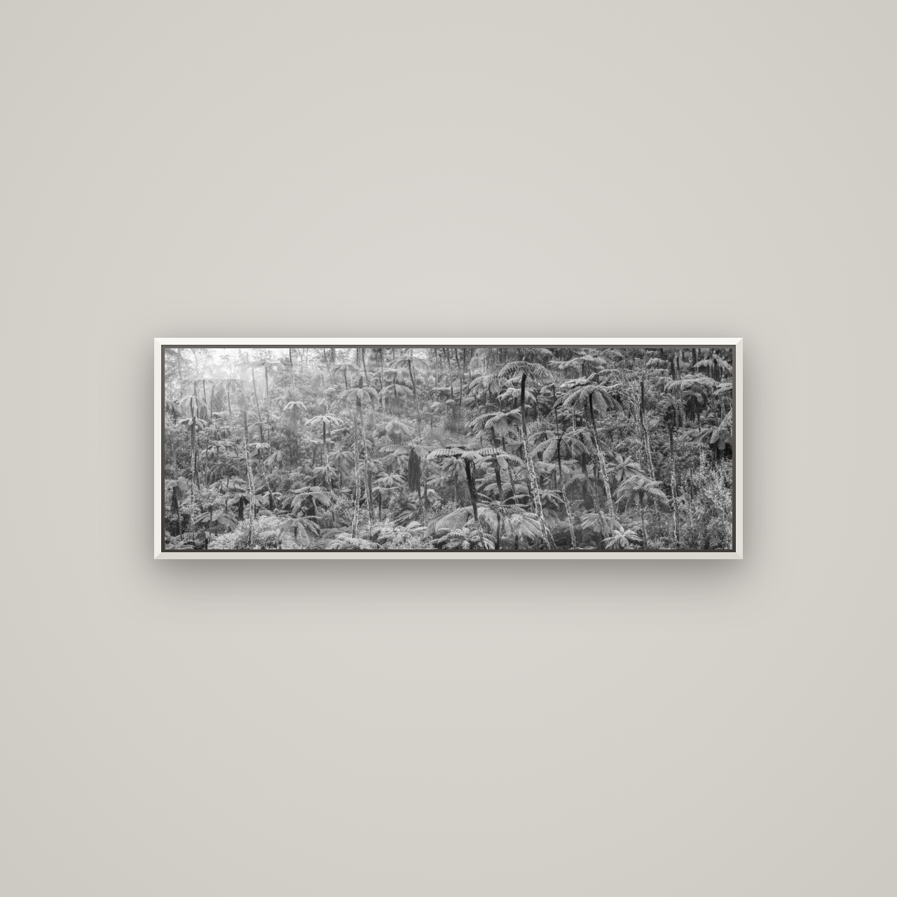 Enchanted Reverie, Tall Ferns' Embrace — Basel White, 113×40 cm. New Zealand fine art wall art by Stephen Milner.