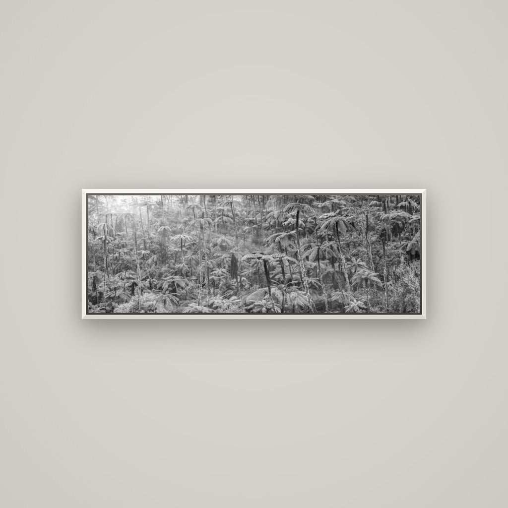 Enchanted Reverie, Tall Ferns' Embrace — Basel White, 113×40 cm. New Zealand fine art wall art by Stephen Milner.