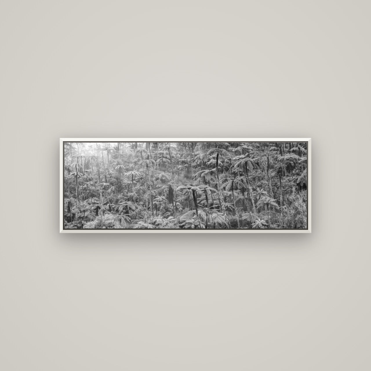 Enchanted Reverie, Tall Ferns' Embrace — Basel White, 113×40 cm. New Zealand fine art wall art by Stephen Milner.