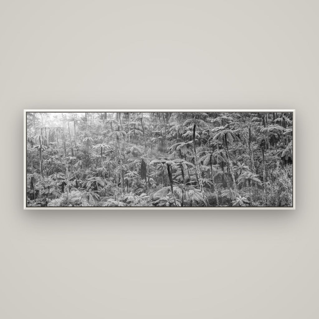 Enchanted Reverie, Tall Ferns' Embrace — Basel White, 170×60 cm. New Zealand fine art wall art by Stephen Milner.