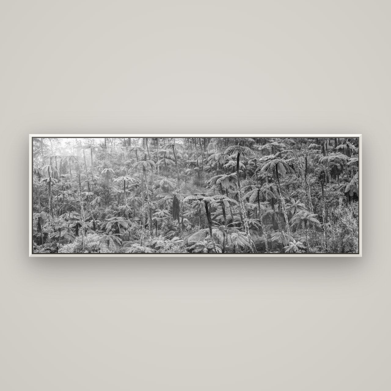 Enchanted Reverie, Tall Ferns' Embrace — Basel White, 170×60 cm. New Zealand fine art wall art by Stephen Milner.