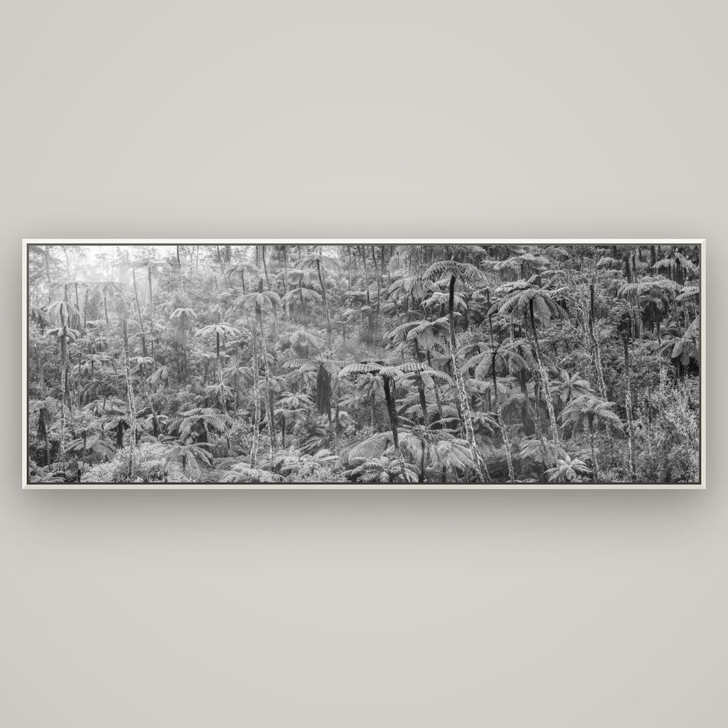Enchanted Reverie, Tall Ferns' Embrace — Basel White, 198×70 cm. New Zealand fine art wall art by Stephen Milner.