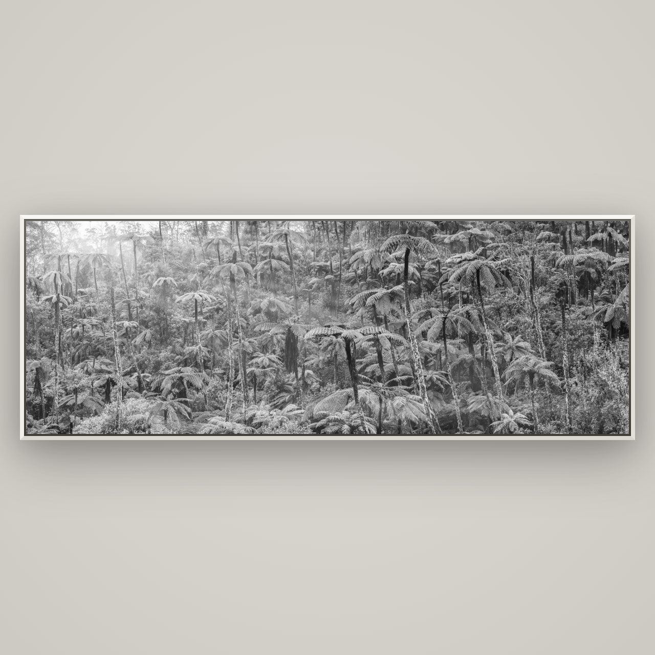 Enchanted Reverie, Tall Ferns' Embrace — Basel White, 198×70 cm. New Zealand fine art wall art by Stephen Milner.