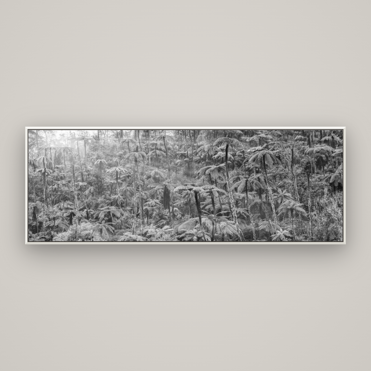 Enchanted Reverie, Tall Ferns' Embrace — Basel White, 198×70 cm. New Zealand fine art wall art by Stephen Milner.