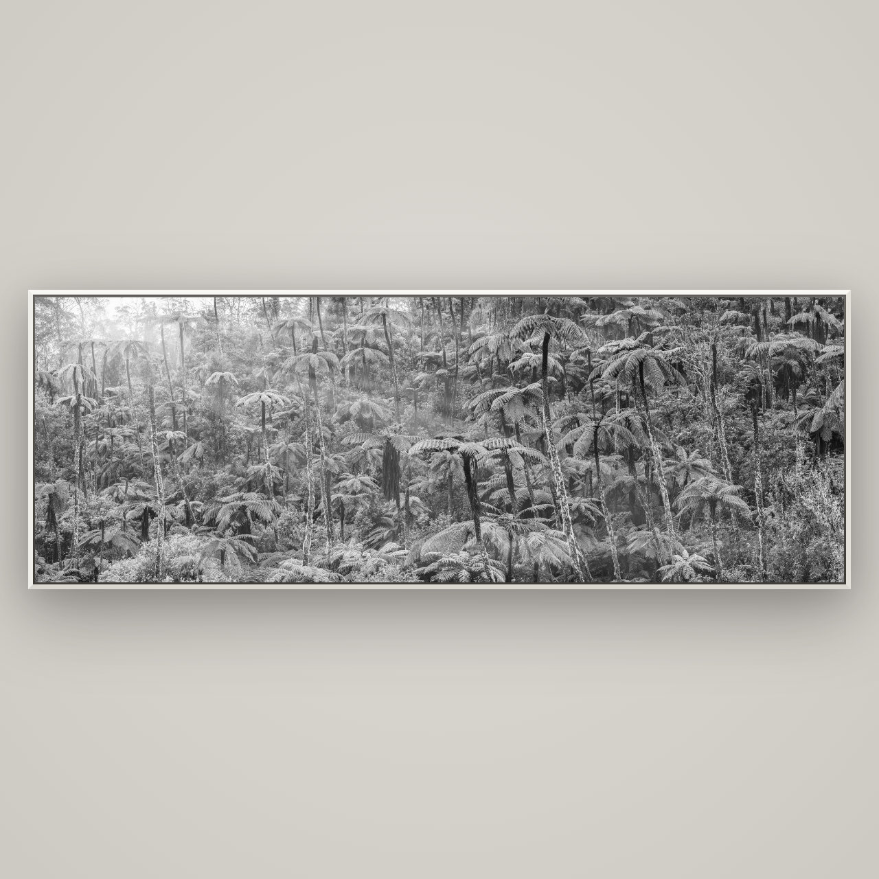 Enchanted Reverie, Tall Ferns' Embrace — Basel White, 227×80 cm. New Zealand fine art wall art by Stephen Milner.
