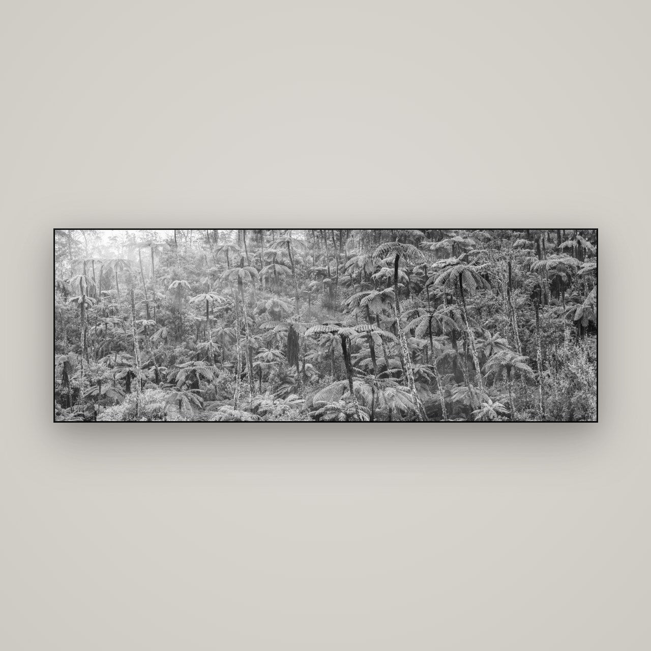Enchanted Reverie, Tall Ferns' Embrace — Slimline Black, 170×60 cm. New Zealand fine art wall art by Stephen Milner.