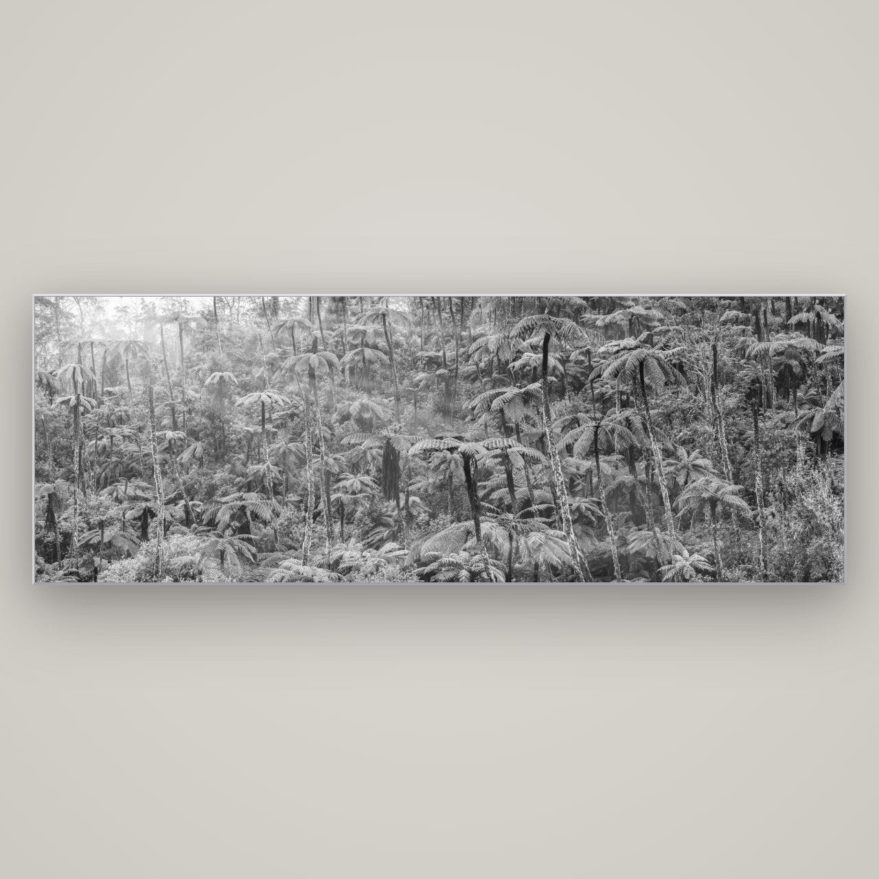 Enchanted Reverie, Tall Ferns' Embrace — Slimline Silver, 198×70 cm. New Zealand fine art wall art by Stephen Milner.