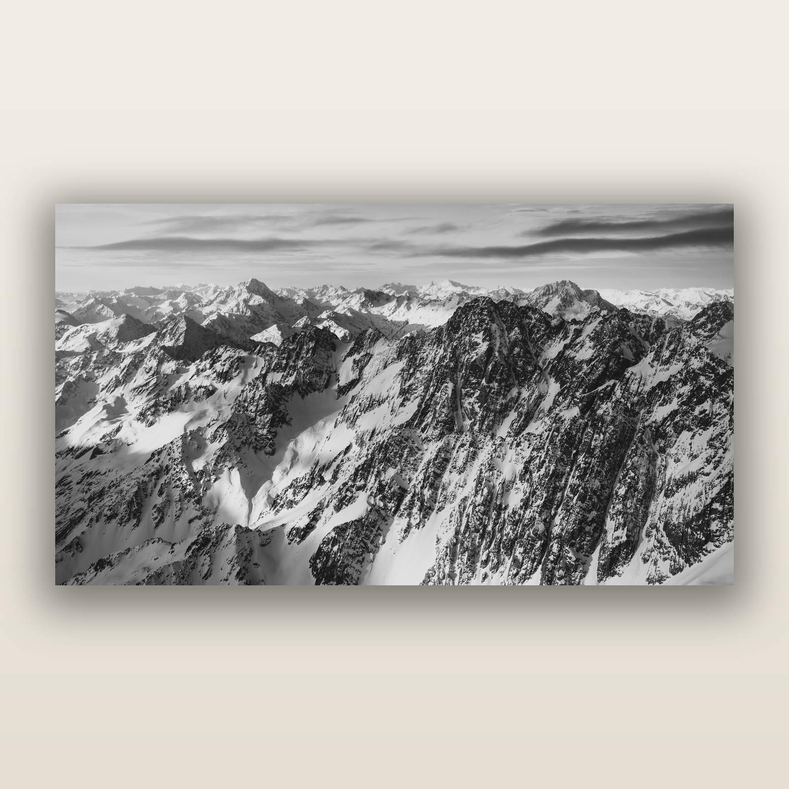 Endless Ranges, Southern Alps, black and white frameless acrylic glass print. New Zealand fine art photography by Stephen Milner.