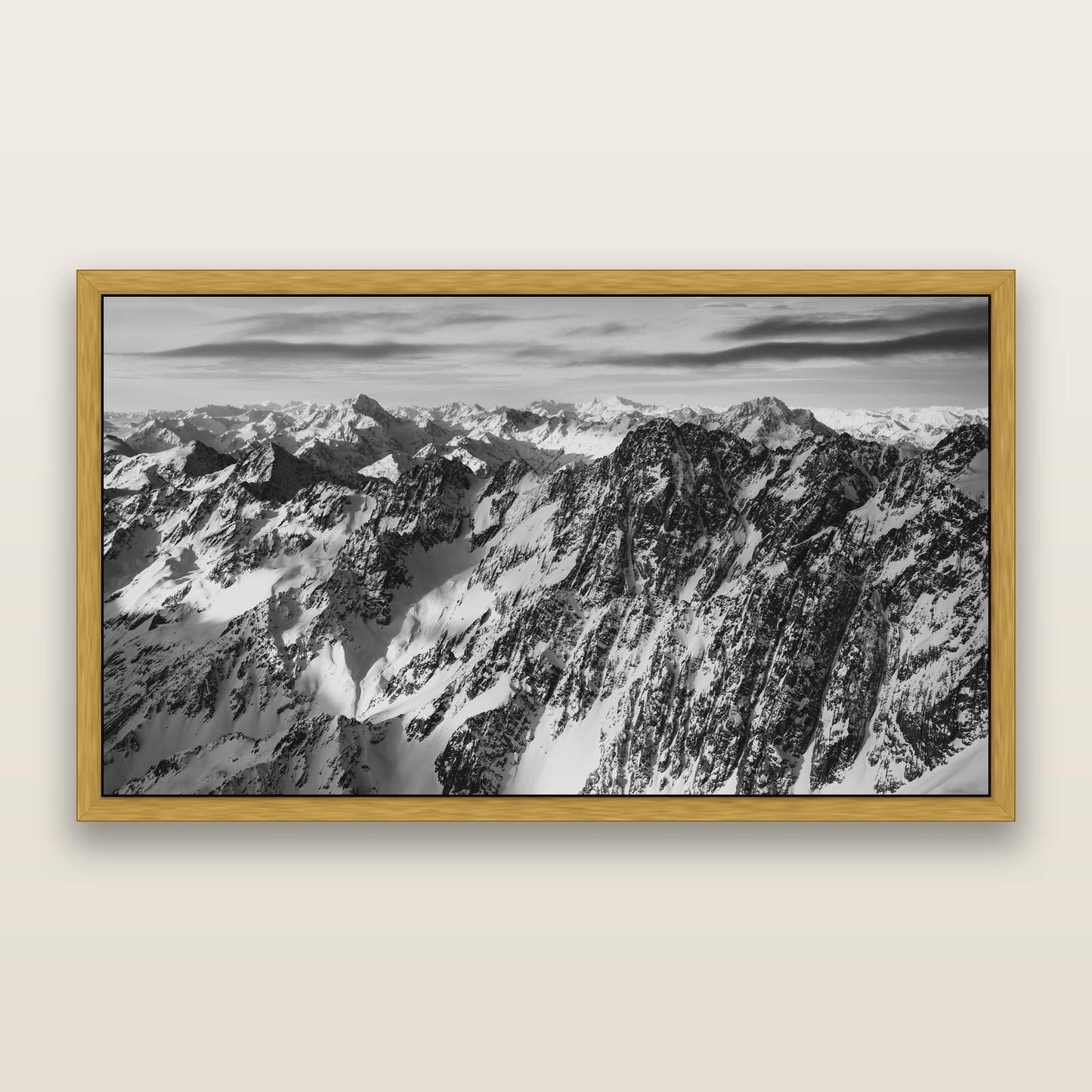 Endless Ranges, Southern Alps — black and white framed metallic canvas print, Antique Gold frame. New Zealand fine art wall art by Stephen Milner.