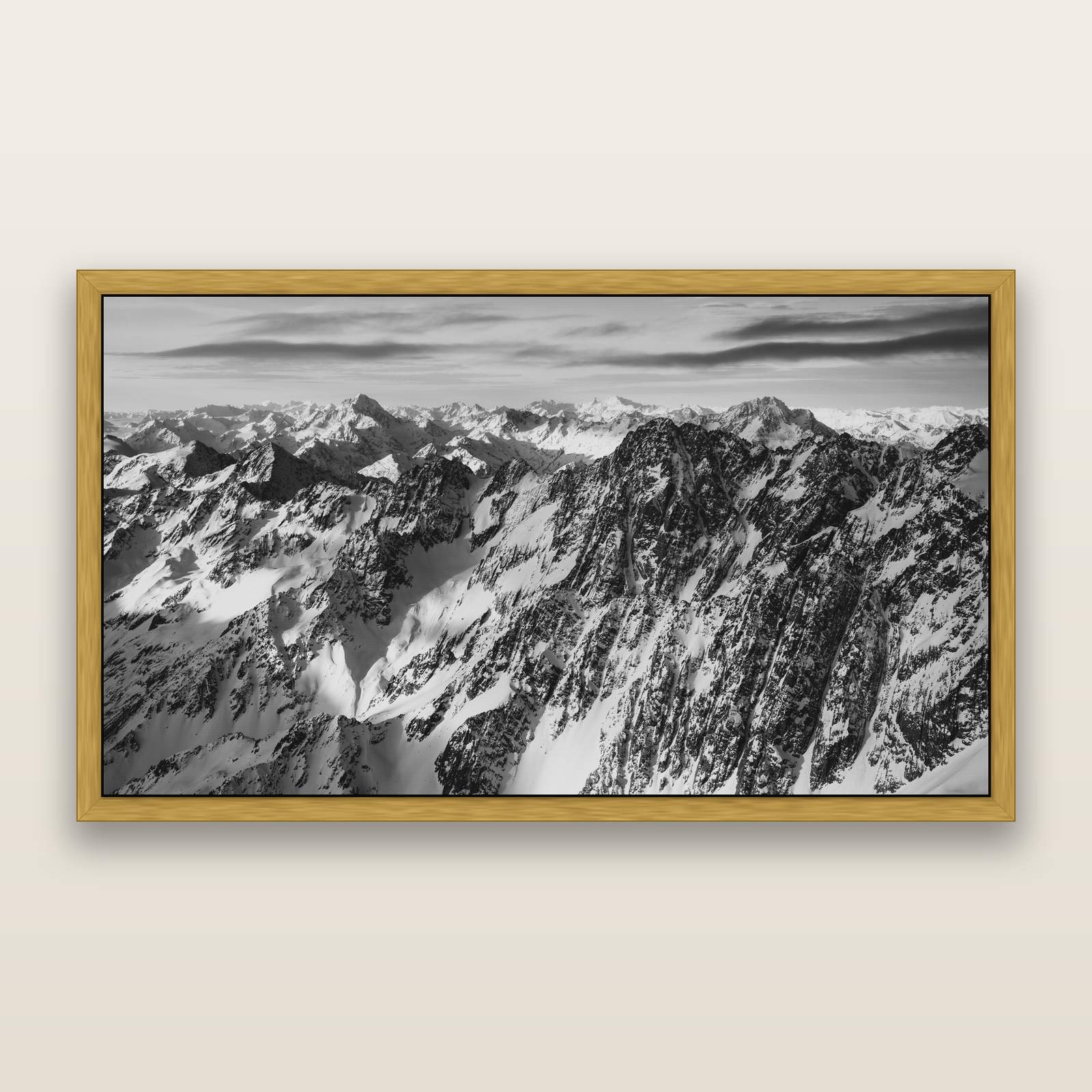Endless Ranges, Southern Alps, black and white framed metallic canvas print, Antique Gold frame. New Zealand fine art wall art by Stephen Milner.