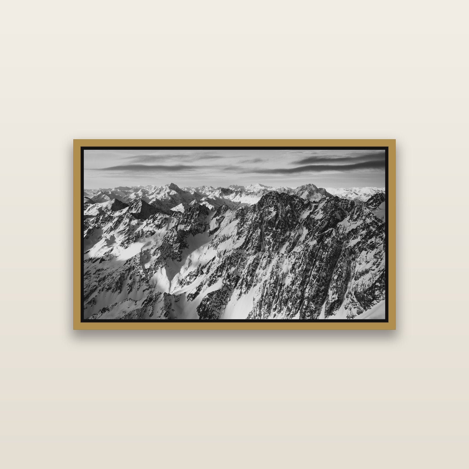 Endless Ranges, Southern Alps — Antique Gold framed metallic canvas print, small 81 × 46 cm. New Zealand fine art landscape wall art by Stephen Milner.