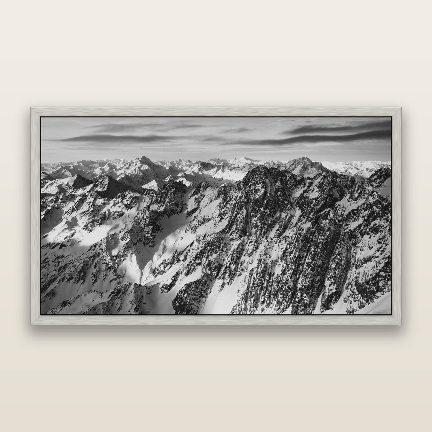 Endless Ranges, Southern Alps — black and white framed metallic canvas print, Antique Silver frame. New Zealand fine art wall art by Stephen Milner.