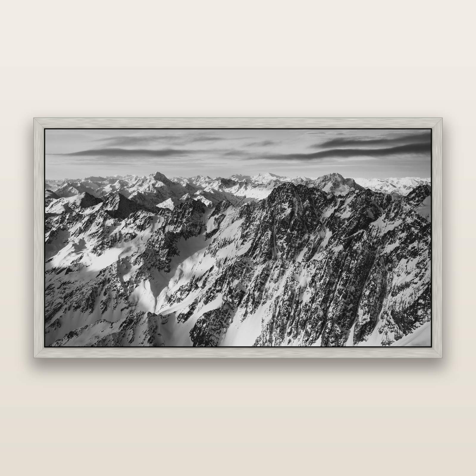 Endless Ranges, Southern Alps, black and white framed metallic canvas print, Antique Silver frame. New Zealand fine art wall art by Stephen Milner.