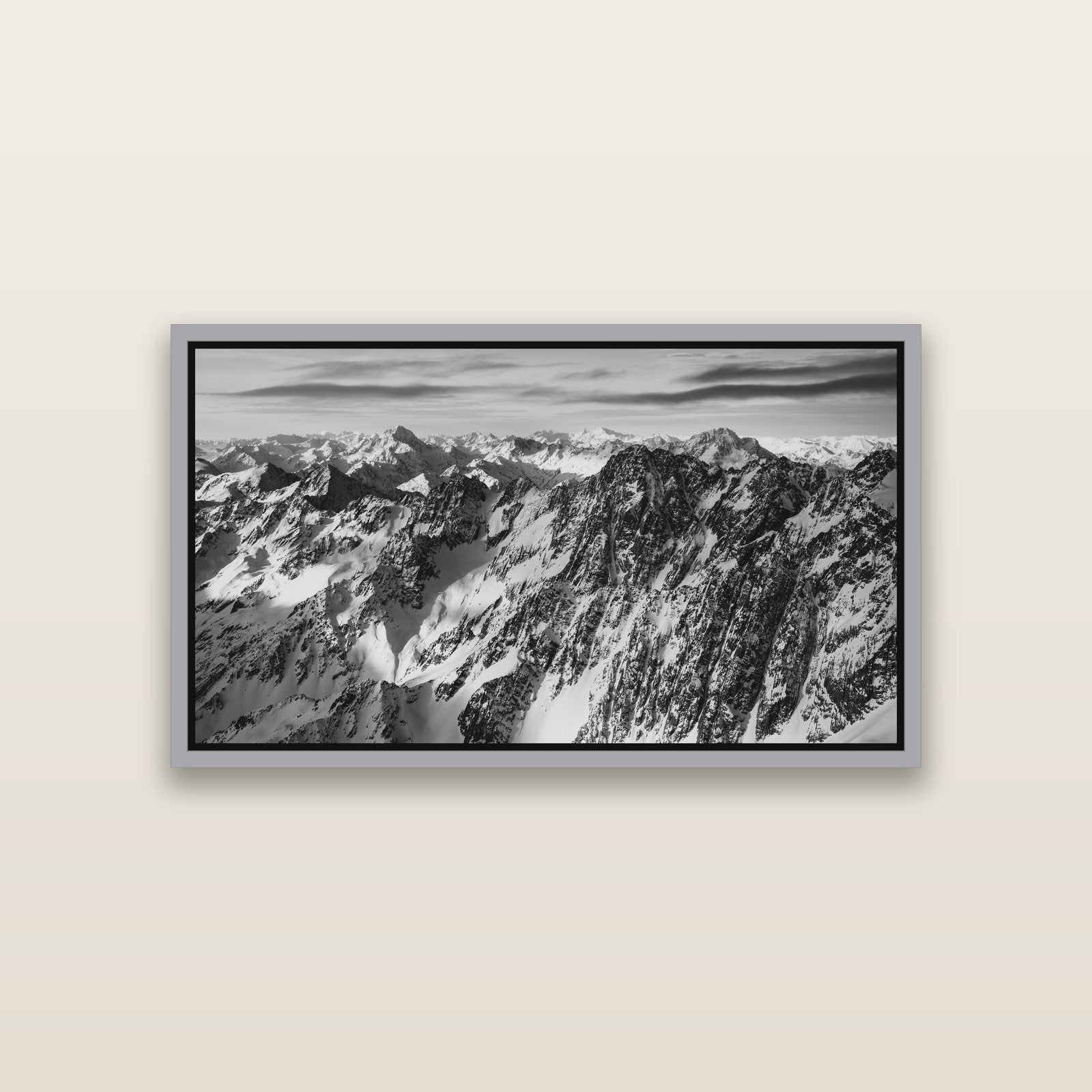 Endless Ranges, Southern Alps — Antique Silver framed metallic canvas print, small 81 × 46 cm. New Zealand fine art landscape wall art by Stephen Milner.