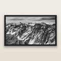 Endless Ranges, Southern Alps, black and white framed metallic canvas print, Black frame. New Zealand fine art wall art by Stephen Milner.