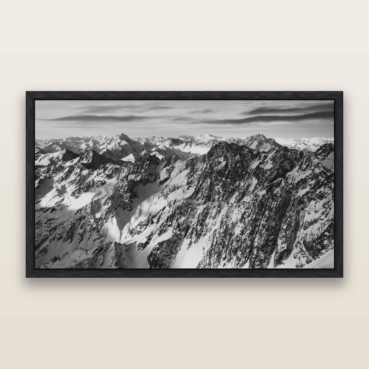Endless Ranges, Southern Alps — black and white framed metallic canvas print, Black frame. New Zealand fine art wall art by Stephen Milner.