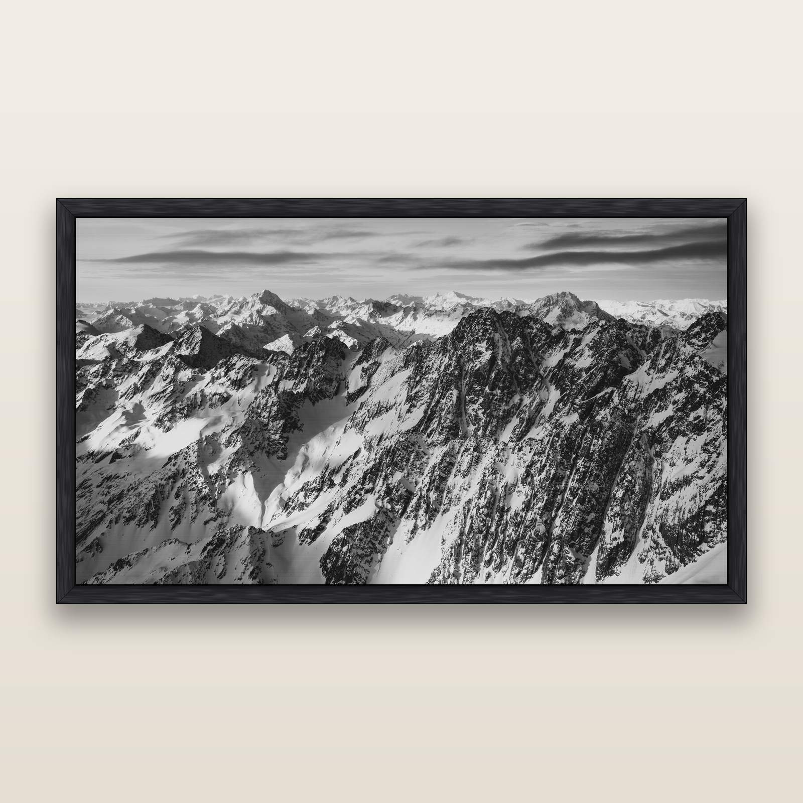 Endless Ranges, Southern Alps — black and white framed metallic canvas print, Black frame. New Zealand fine art wall art by Stephen Milner.