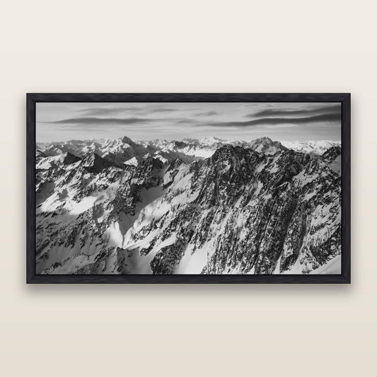 Endless Ranges, Southern Alps, black and white framed metallic canvas print, Black frame. New Zealand fine art wall art by Stephen Milner.