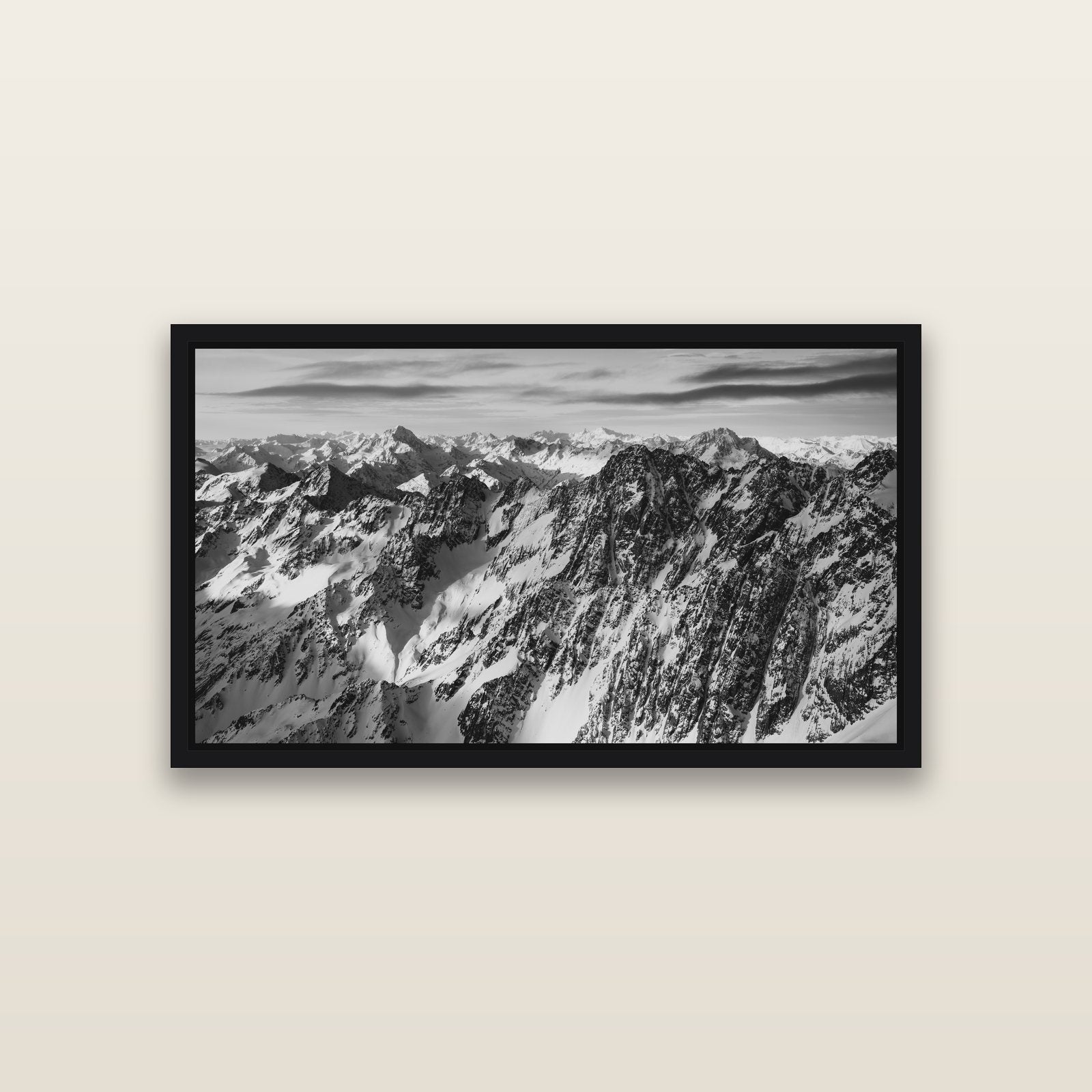 Endless Ranges, Southern Alps — Black framed metallic canvas print, small 81 × 46 cm. New Zealand fine art landscape wall art by Stephen Milner.