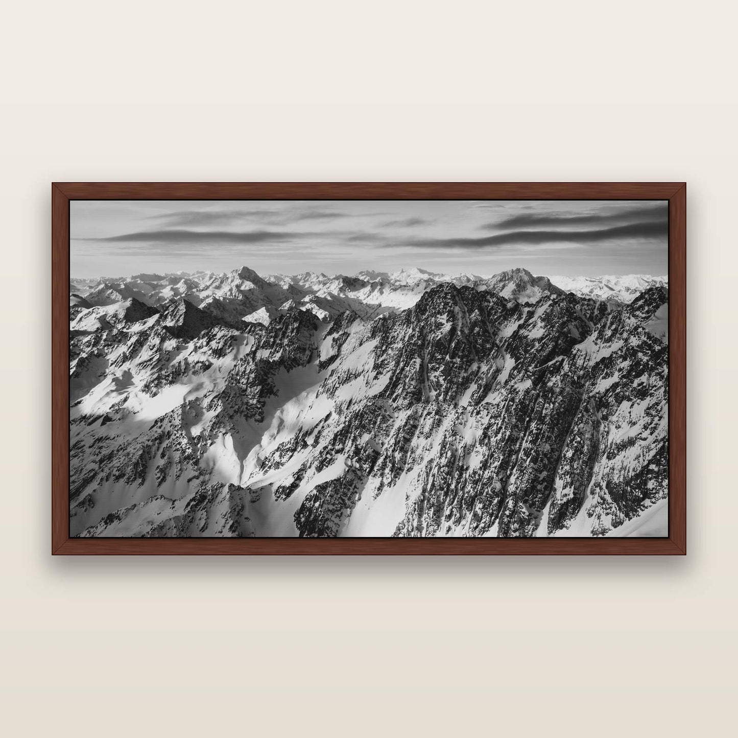 Endless Ranges, Southern Alps — black and white framed metallic canvas print, Brown frame. New Zealand fine art wall art by Stephen Milner.