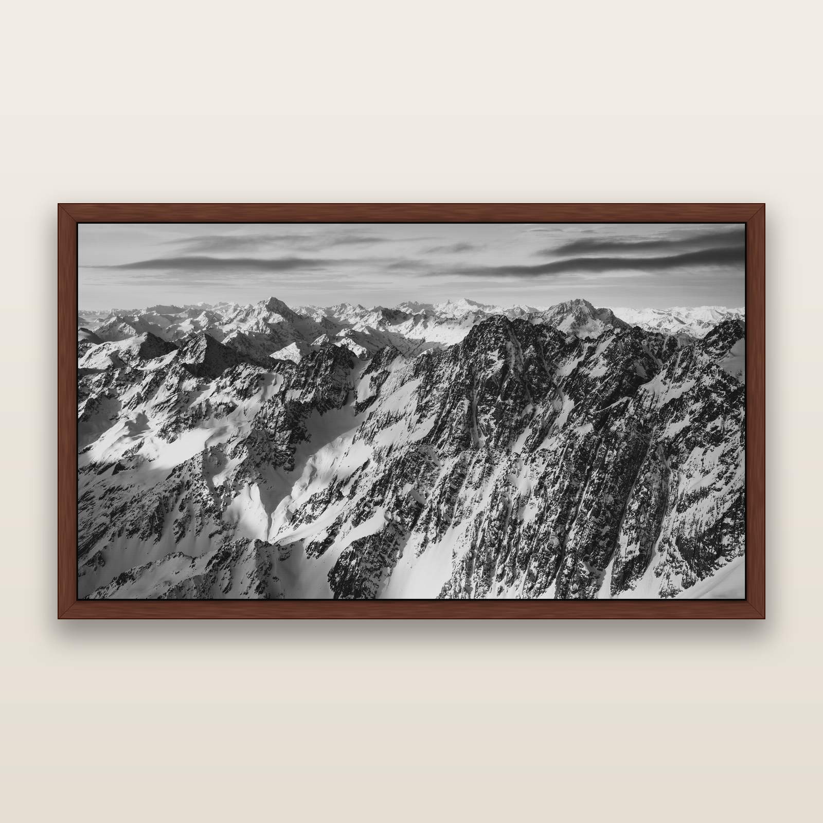 Endless Ranges, Southern Alps, black and white framed metallic canvas print, Brown frame. New Zealand fine art wall art by Stephen Milner.