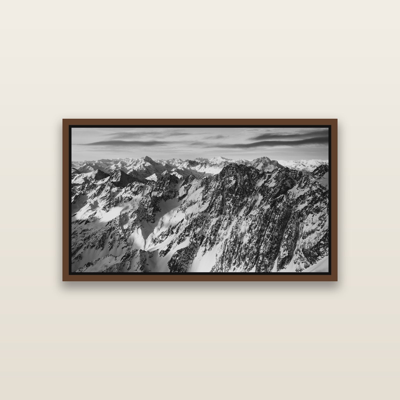 Endless Ranges, Southern Alps — Brown framed metallic canvas print, small 81 × 46 cm. New Zealand fine art landscape wall art by Stephen Milner.