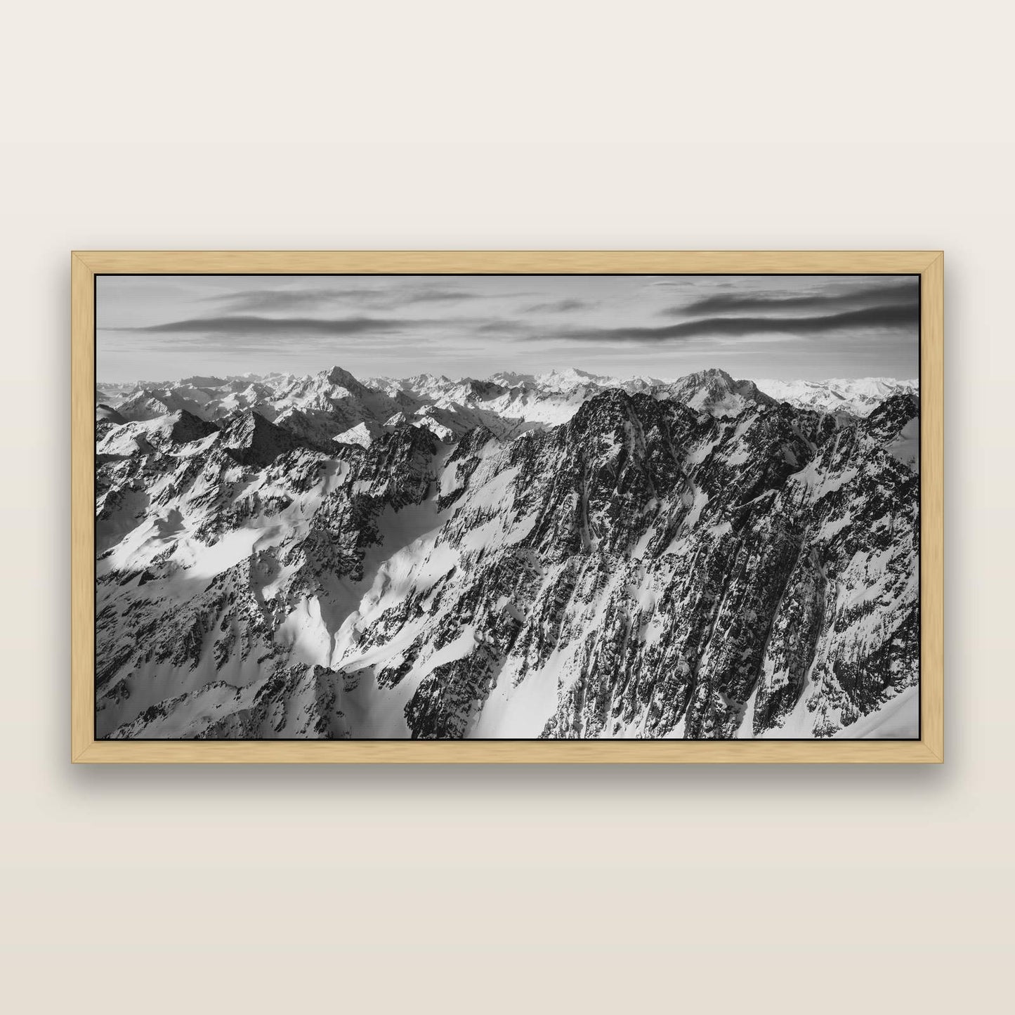 Endless Ranges, Southern Alps — black and white framed metallic canvas print, Natural frame. New Zealand fine art wall art by Stephen Milner.