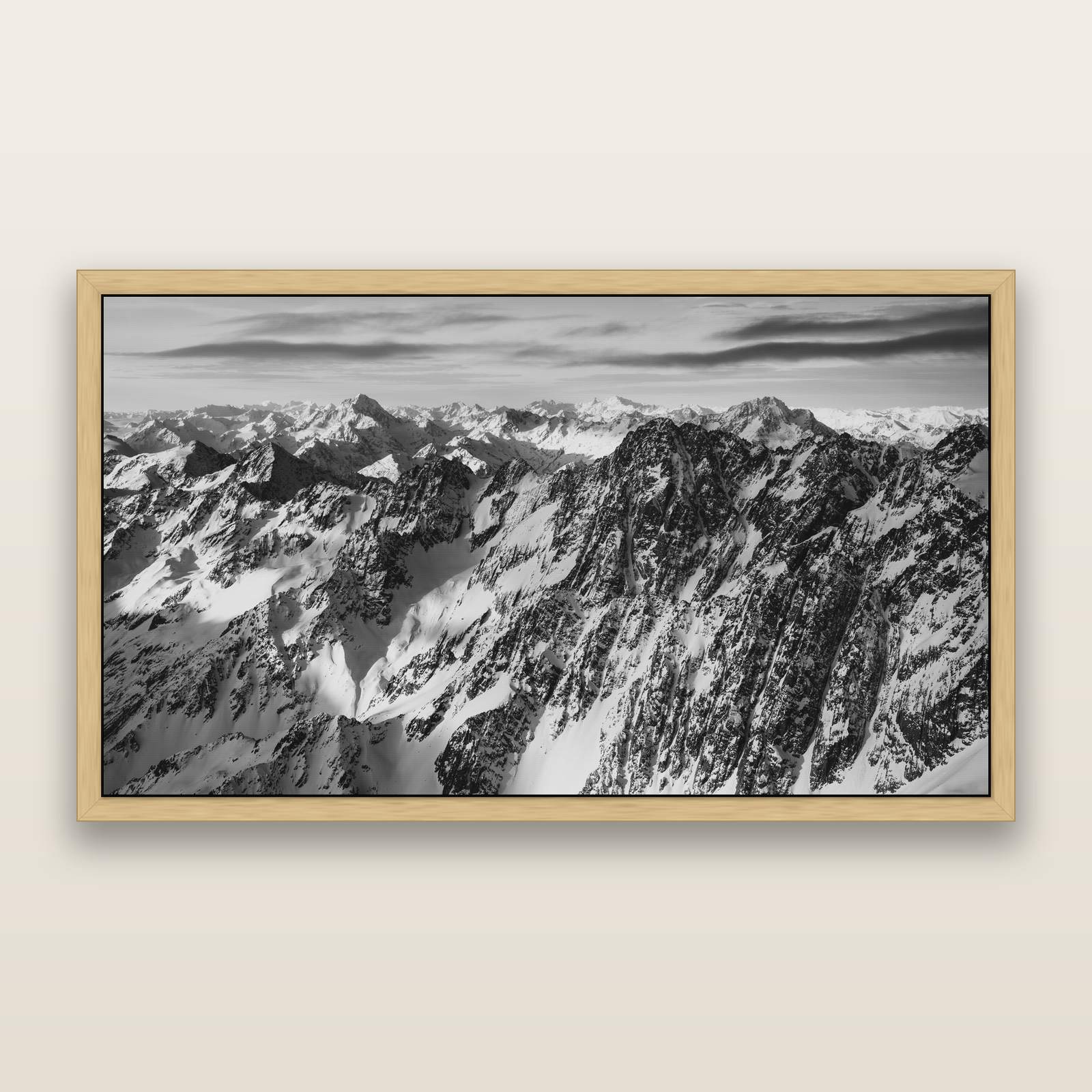 Endless Ranges, Southern Alps, black and white framed metallic canvas print, Natural frame. New Zealand fine art wall art by Stephen Milner.