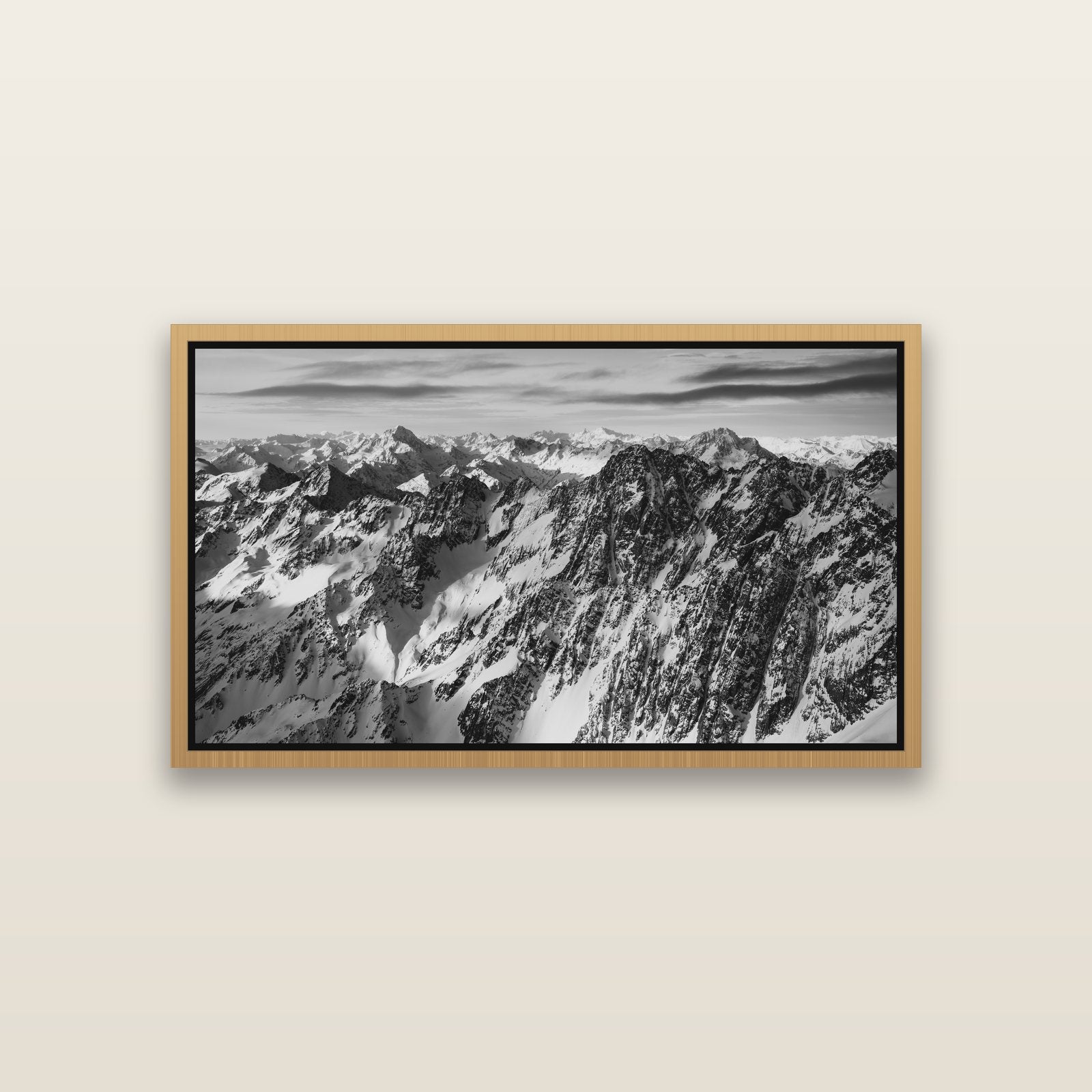 Endless Ranges, Southern Alps — Natural framed metallic canvas print, small 81 × 46 cm. New Zealand fine art landscape wall art by Stephen Milner.
