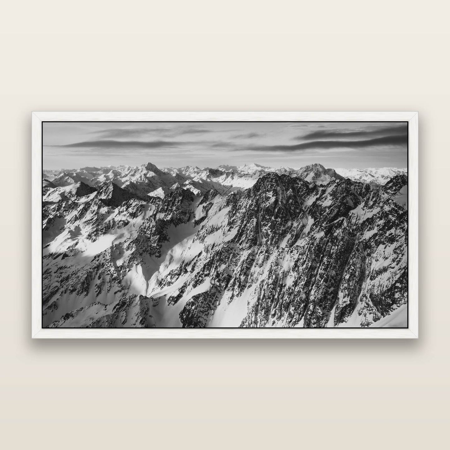 Endless Ranges, Southern Alps — black and white framed metallic canvas print, White frame. New Zealand fine art wall art by Stephen Milner.