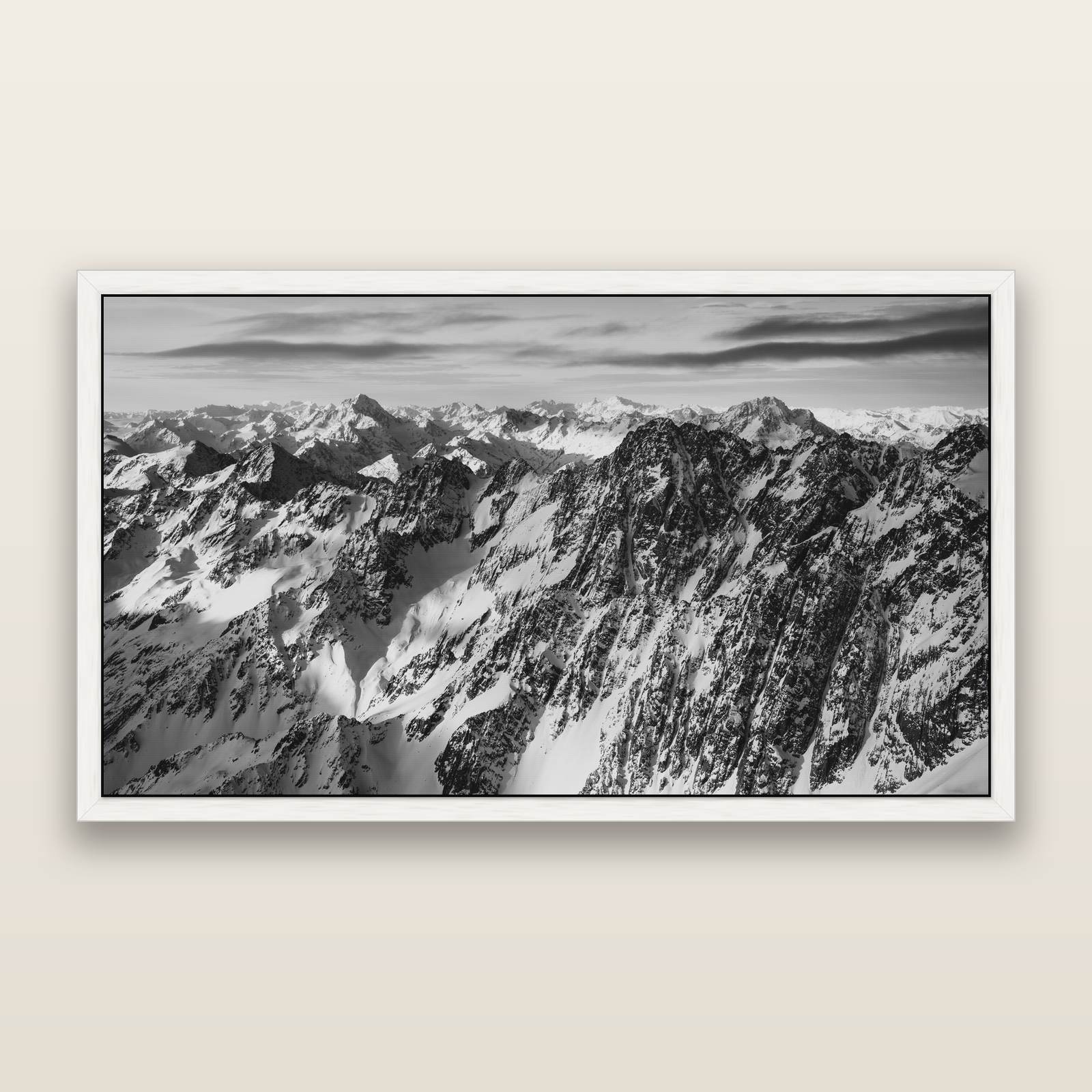 Endless Ranges, Southern Alps, black and white framed metallic canvas print, White frame. New Zealand fine art wall art by Stephen Milner.