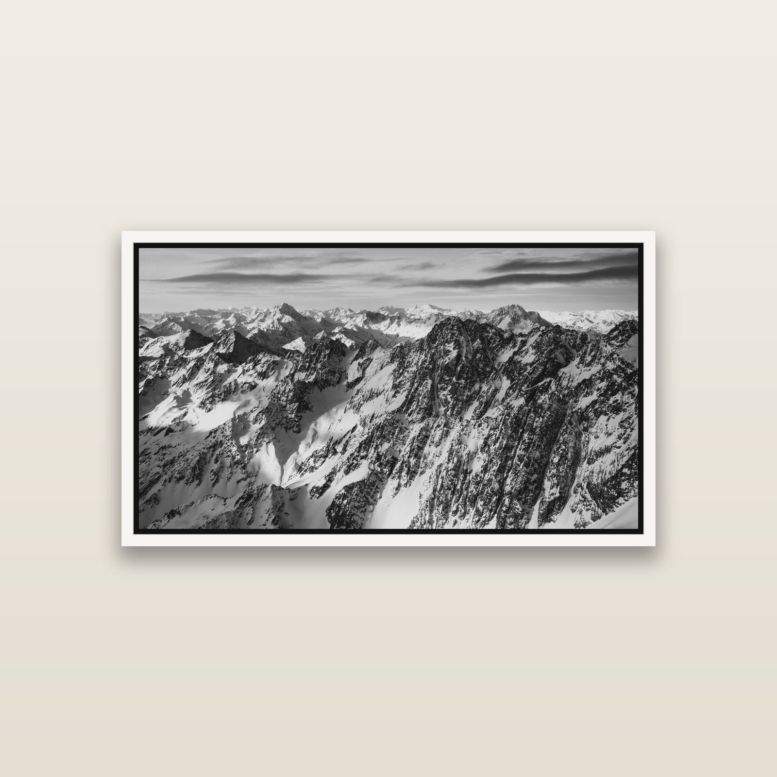 Endless Ranges, Southern Alps — White framed metallic canvas print, small 81 × 46 cm. New Zealand fine art landscape wall art by Stephen Milner.
