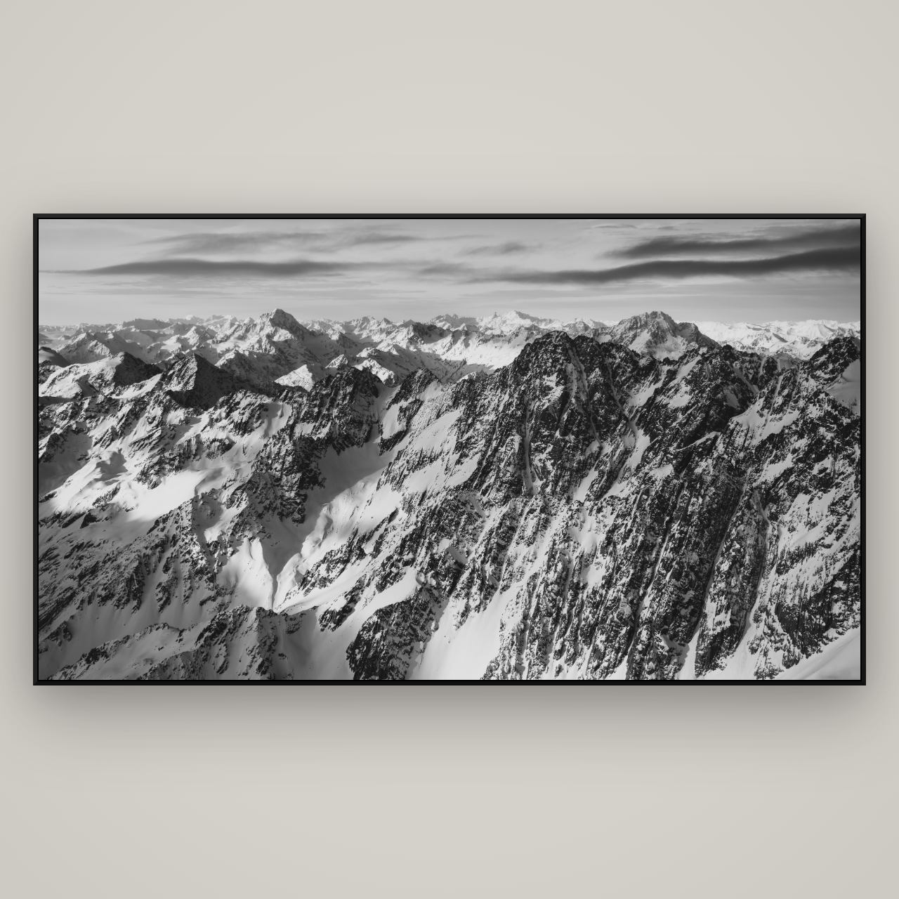 Endless Ranges, Southern Alps — ArtBox Black, 196×110 cm. New Zealand fine art wall art by Stephen Milner.