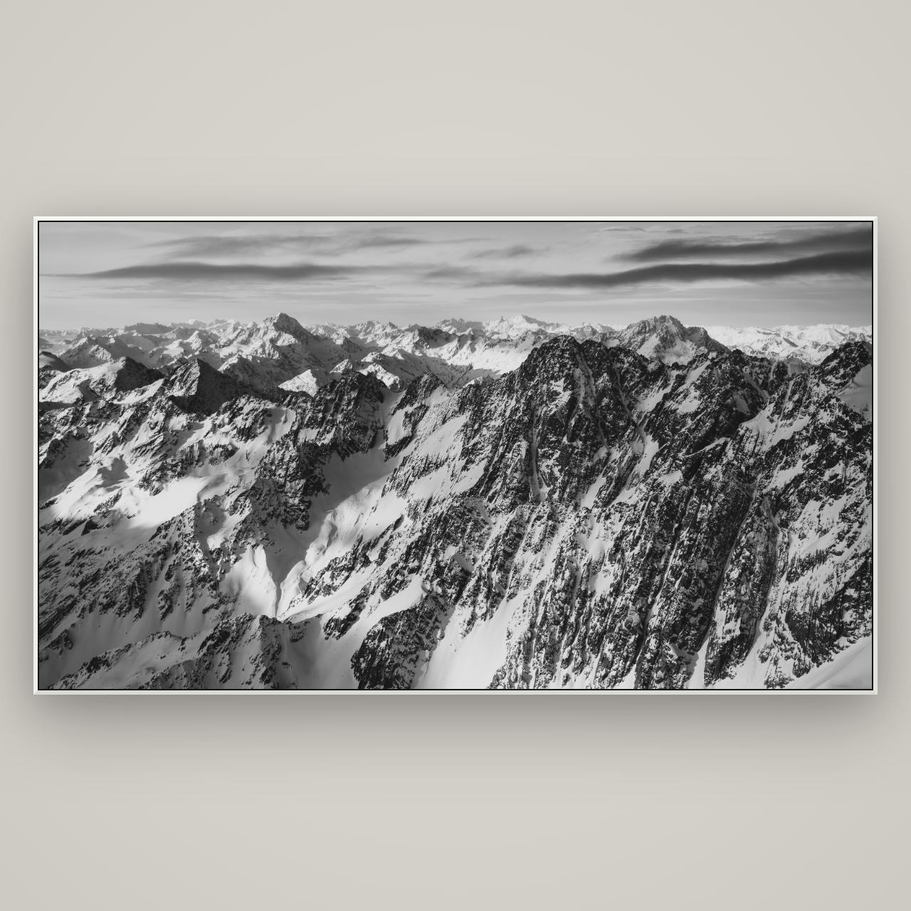 Endless Ranges, Southern Alps — ArtBox White, 196×110 cm. New Zealand fine art wall art by Stephen Milner.